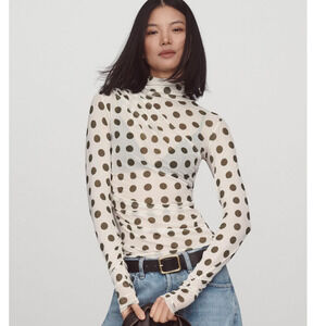 AFRM Zadie Turtleneck Top Ivory Green Polka Dot Long Sleeve Mesh Sheer Sz S